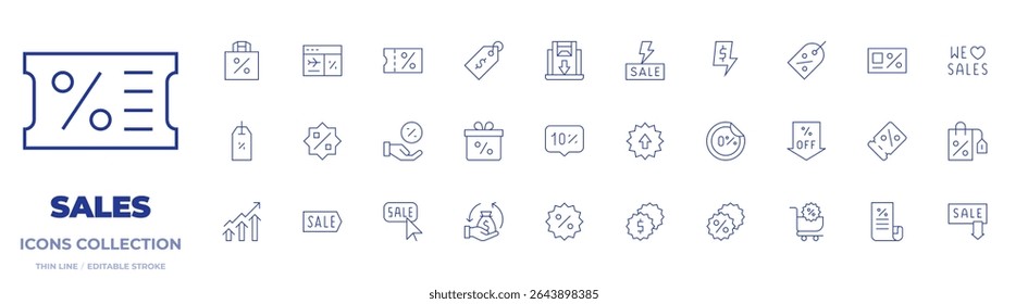 Sales icons collection. Thin Line icons, editable stroke. paperbag, percent, pricetag, discount, shoppingbag, sales, sale, flashsale, bigsale, shoppingcart.
