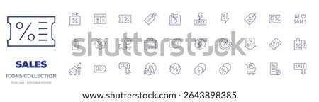 Sales icons collection. Thin Line icons, editable stroke. paperbag, percent, pricetag, discount, shoppingbag, sales, sale, flashsale, bigsale, shoppingcart.