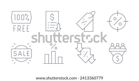 Sales icons. Editable stroke. Containing free, sale, lowsales, pricetag, target, salespipeline.