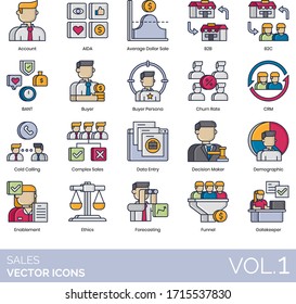 Sales icons including account, AIDA, average dollar, b2b, b2c, BANT, buyer persona, churn rate, CRM, cold calling, complex, data entry, decision maker, demographic, enablement, ethics, forecasting.