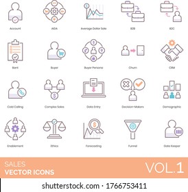 Sales Icons Including Account, AIDA, Average Dollar, B2b, B2c, BANT, Buyer Persona, Churn, CRM, Cold Calling, Complex, Data Entry, Decision Maker, Demographic, Enablement, Ethics, Forecasting, Funnel.