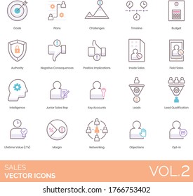 Sales icons including goals, plan, challenge, timeline, budget, authority, negative consequence, positive implication, inside, field, intelligence, junior rep, key account, lead qualification, opt-in.