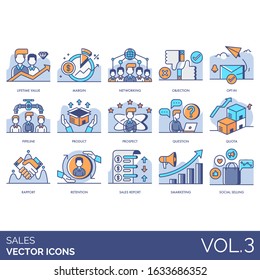 Sales icons including lifetime value, margin, networking, objection, opt-in, pipeline, product, prospect, question, quota, rapport, retention, report, smarketing, social selling.