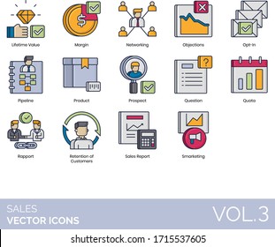 Sales icons including lifetime value, margin, networking, objection, opt-in, pipeline, product, prospect, question, quota, rapport, retention of customer, report, smarketing.