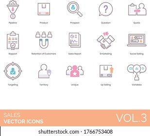 Iconos de ventas que incluyen tubería, producto, cliente potencial, pregunta, cuota, relación, retención del cliente, informe, marketing, venta social, destino, territorio, único, ventas al por mayor, variable.