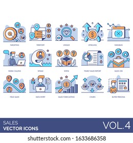 Sales Icons Including Targeting, Territory, Unique, Upselling, Variable, Warm Calling, Whale, WIIFM, Yearly Report, Job, Field, Data Entry, Forecasting, Churn, Buyer Persona.