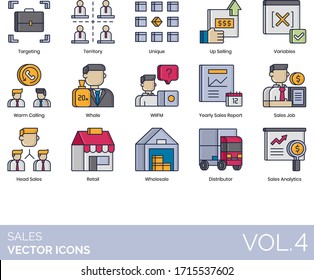 Sales Icons Including Targeting, Territory, Unique, Upselling, Variable, Warm Calling, Whale, WIIFM, Yearly Report, Job, Head, Retail, Wholesale, Distributor, Analytics.