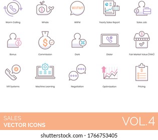 Sales icons including warm calling, whale, WIIFM, yearly report, job, bonus, commission, dark, dialer, fair market value (FMV), IVR system, machine learning, negotiation, optimization, pricing.