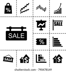 Sales icons. set of 13 editable filled sales icons such as sale, ticket on sale, graph, dolar growth, graph on board