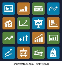 Sales icons set. set of 16 sales filled icons such as sale tag, graph, chart, chart on display, sale, shopping sale, dolar growth