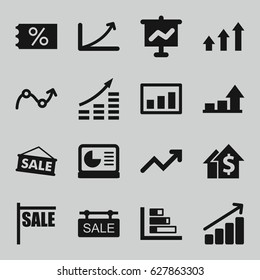 Sales icons set. set of 16 sales filled icons such as sale tag, graph, chart on display, sale, ticket on sale, money growth, dolar growth