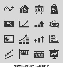 Sales icons set. set of 16 sales filled icons such as sale tag, graph, chart, chart on display, sale, money growth, dolar growth