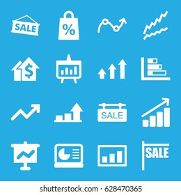 Sales icons set. set of 16 sales filled icons such as sale tag, graph, chart, chart on display, sale, shopping sale, dolar growth