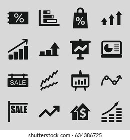 Sales icons set. set of 16 sales filled icons such as sale tag, graph, chart, chart on display, shopping sale, money growth, dolar growth