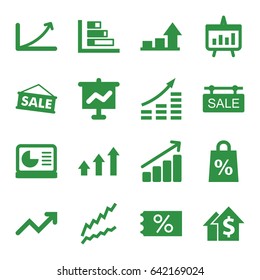 Sales icons set. set of 16 sales filled icons such as sale tag, graph, chart, chart on display, sale, money growth, dolar growth
