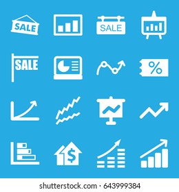 Sales icons set. set of 16 sales filled icons such as sale tag, graph, chart, chart on display, sale, ticket on sale, money growth, dolar growth