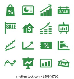 Sales icons set. set of 16 sales filled icons such as sale tag, graph, chart, chart on display, sale, money growth, dolar growth