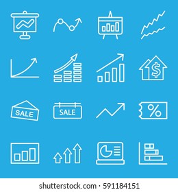 sales icons set. Set of 16 sales outline icons such as sale tag, graph, chart, chart on display, ticket on sale, money growth, dolar growth, graph on board