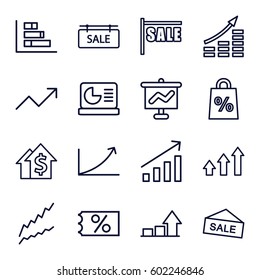 sales icons set. Set of 16 sales outline icons such as sale tag, graph, chart on display, sale, money growth, dollar growth