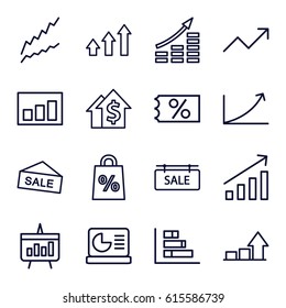 Sales icons set. set of 16 sales outline icons such as sale tag, graph, chart, chart on display, ticket on sale, money growth