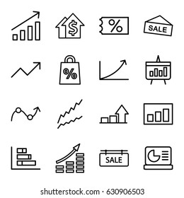 Sales icons set. set of 16 sales outline icons such as sale tag, graph, chart, chart on display, ticket on sale, money growth