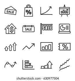 Sales icons set. set of 16 sales outline icons such as sale tag, graph, chart, chart on display, sale