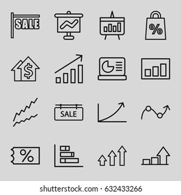 Sales icons set. set of 16 sales outline icons such as sale tag, graph, chart, chart on display, sale, dolar growth