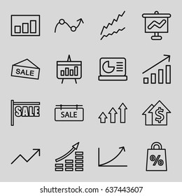 Sales icons set. set of 16 sales outline icons such as sale tag, graph, chart, chart on display, sale, money growth, dolar growth, graph on board