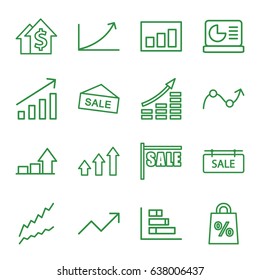 Sales icons set. set of 16 sales outline icons such as sale tag, graph, chart on display, sale, money growth, dolar growth
