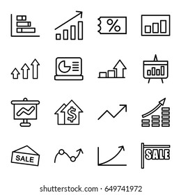 Conjuntos de iconos de ventas. conjunto de 16 iconos de esquema de ventas como gráfico, gráfico, gráfico en pantalla, venta, venta, venta, crecimiento del dinero, crecimiento del dólar