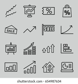 Sales icons set. set of 16 sales outline icons such as graph, chart, chart on display, sale, ticket on sale, money growth, dolar growth, graph on board