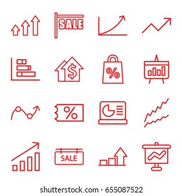 Sales icons set. set of 16 sales outline icons such as sale tag, graph, chart, chart on display, sale, dolar growth