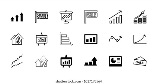 Sales icons. set of 18 editable outline sales icons: graph, chart, chart on display, sale, money growth, dolar growth