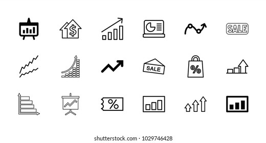 Sales icons. set of 18 editable outline sales icons: graph, chart, ticket on sale, dolar growth, sale, shopping sale, chart on display, money growth