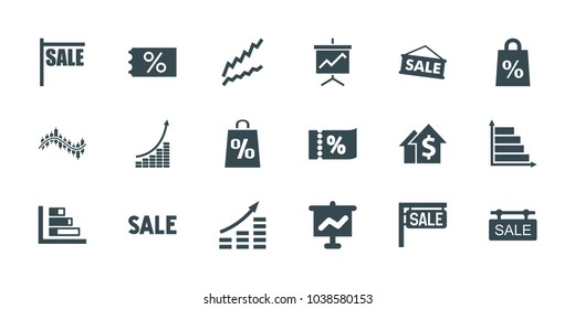 Sales icons. set of 18 editable filled sales icons: sale, ticket on sale, graph, money growth, dolar growth