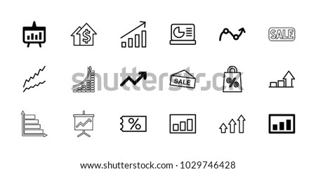 Sales icons. set of 18 editable outline sales icons: graph, chart, ticket on sale, dolar growth, sale, shopping sale, chart on display, money growth