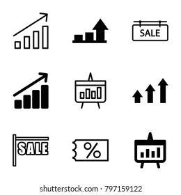 Sales icons. set of 9 editable outline sales icons such as graph, chart, sale, ticket on sale