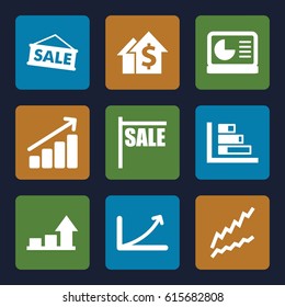 Sales icons set. set of 9 sales filled icons such as graph, chart on display, sale