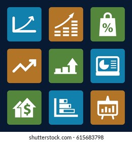 Sales icons set. set of 9 sales filled icons such as graph, chart, chart on display, shopping sale, money growth