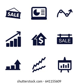 Sales icons set. set of 9 sales filled icons such as sale tag, graph, chart, chart on display, sale