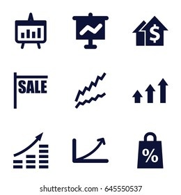 Sales icons set. set of 9 sales filled icons such as graph, chart, shopping sale, sale, money growth, dolar growth