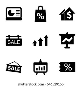 Sales icons set. set of 9 sales filled icons such as sale tag, graph, chart, chart on display, sale, dolar growth