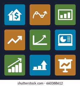 Sales icons set. set of 9 sales filled icons such as graph, chart on display, dolar growth