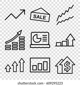 Sales icons set. set of 9 sales outline icons such as graph, chart on display, money growth, dolar growth