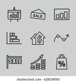 Sales icons set. set of 9 sales outline icons such as graph, chart, sale, money growth, dolar growth