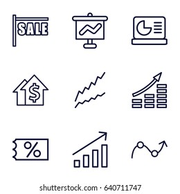 Sales icons set. set of 9 sales outline icons such as chart on display, graph, sale, ticket on sale, money growth, dolar growth