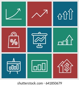 Sales icons set. set of 9 sales outline icons such as graph, chart, dolar growth, graph on board