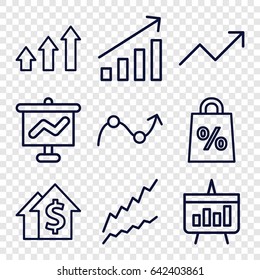 Sales icons set. set of 9 sales outline icons such as graph, chart, dolar growth, graph on board