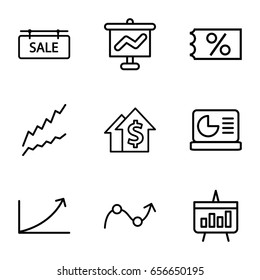 Sales icons set. set of 9 sales outline icons such as sale tag, graph, chart, chart on display, ticket on sale, dolar growth
