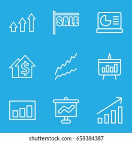 Sales icons set. set of 9 sales outline icons such as graph, chart, chart on display, sale, dolar growth